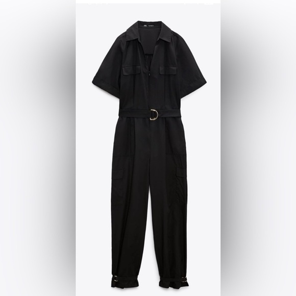 Zara Black Poplin Cargo Boiler Utility Suit Jumpsuit - Picture 13 of 16